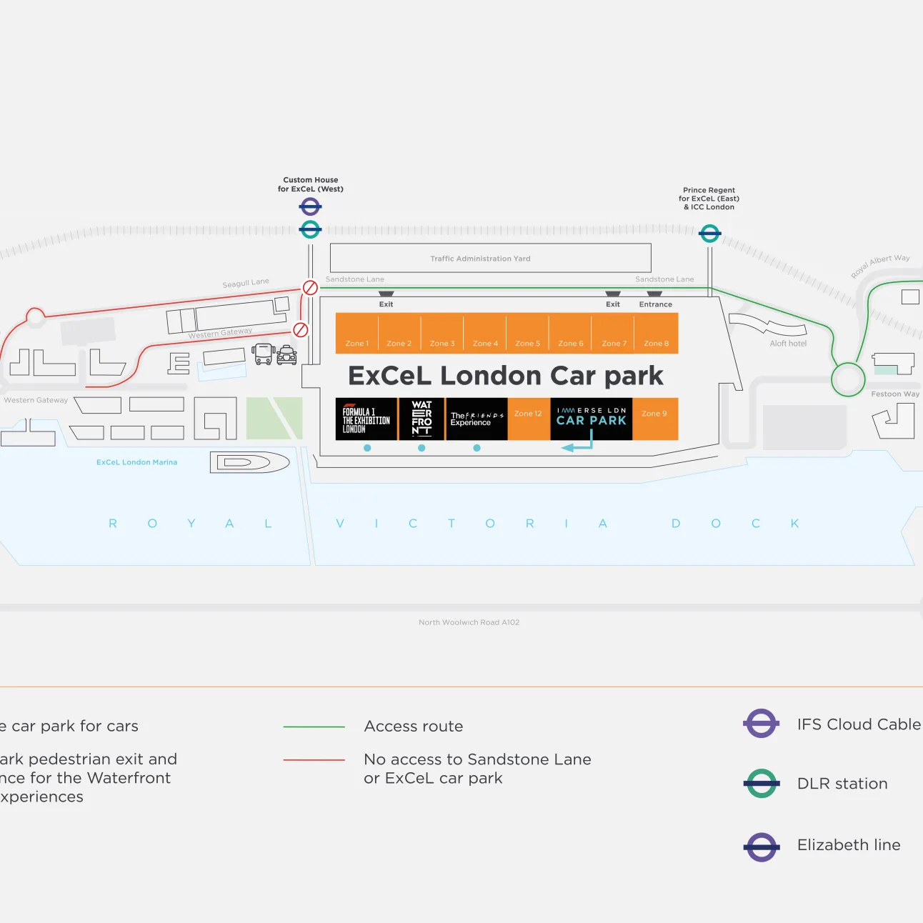 map showing the ExCeL London and Immerse LDN car park and events